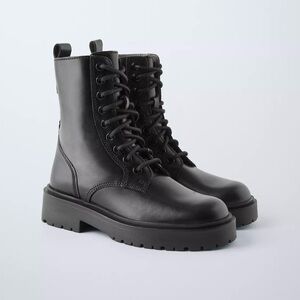 New ZARA 100% Leather Lace-Up Combat Ankle Boots For Girls